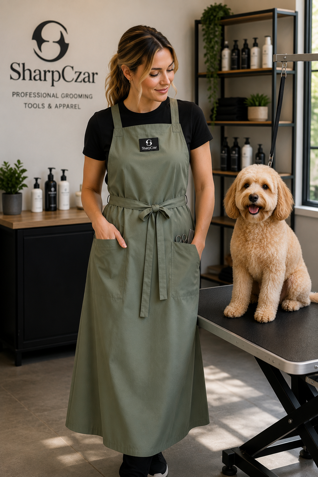 Professional pet groomer wearing SharpCzar Haven grooming apron in Sage Green
