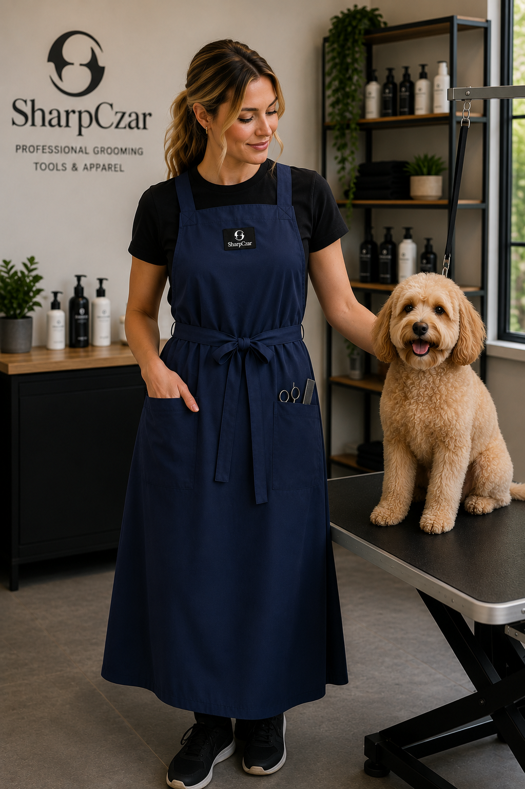 Professional pet groomer wearing SharpCzar Haven grooming apron in Navy Blue