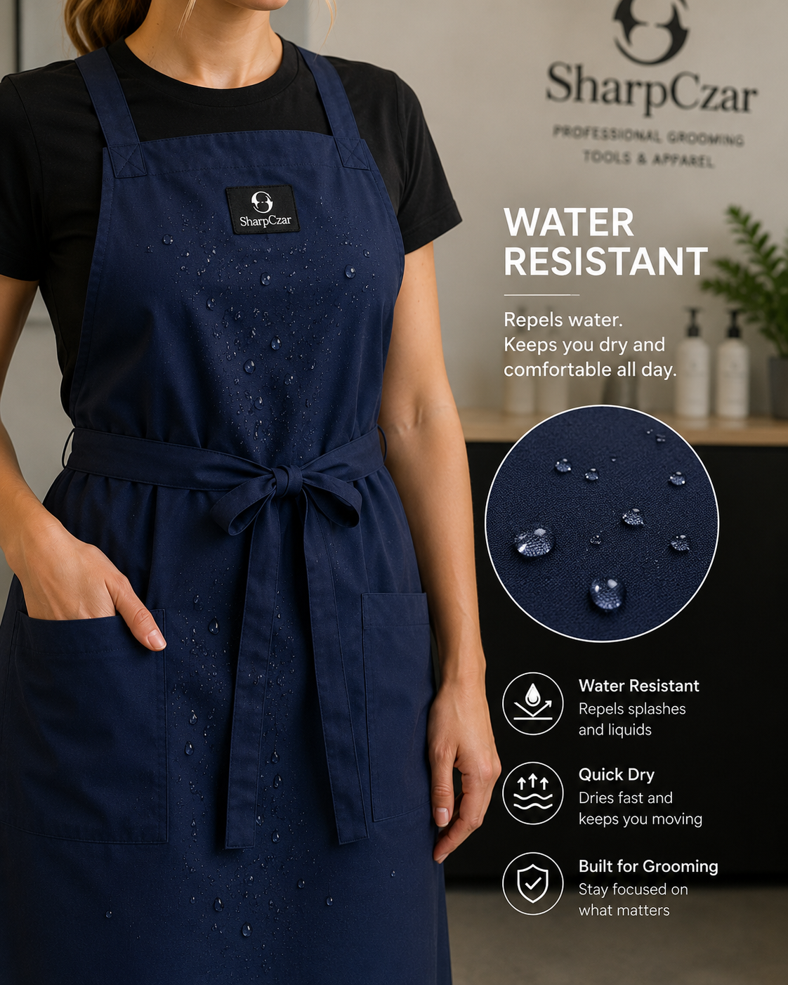 Water-resistant SharpCzar Haven grooming apron in Navy Blue