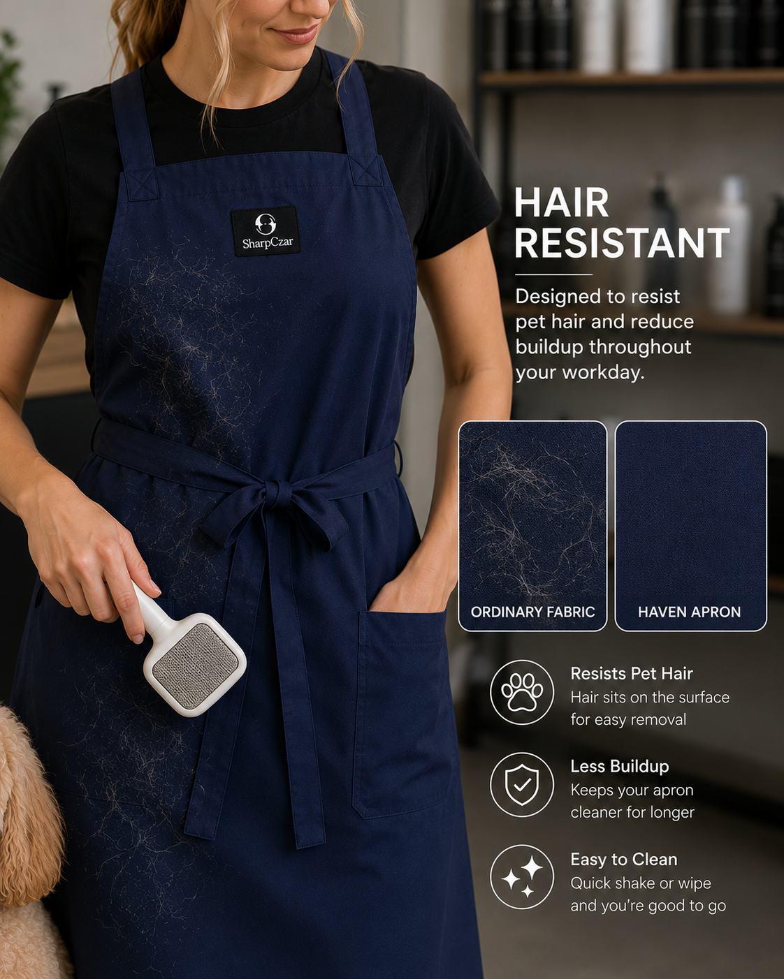 Hair-resistant SharpCzar Haven grooming apron in Navy Blue