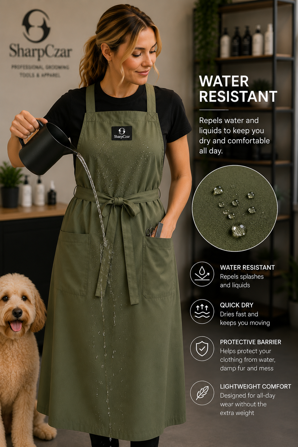 Water-resistant SharpCzar Haven grooming apron in Sage Green