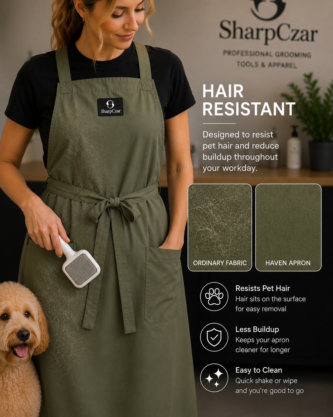 Hair-resistant SharpCzar Haven grooming apron in Sage Green
