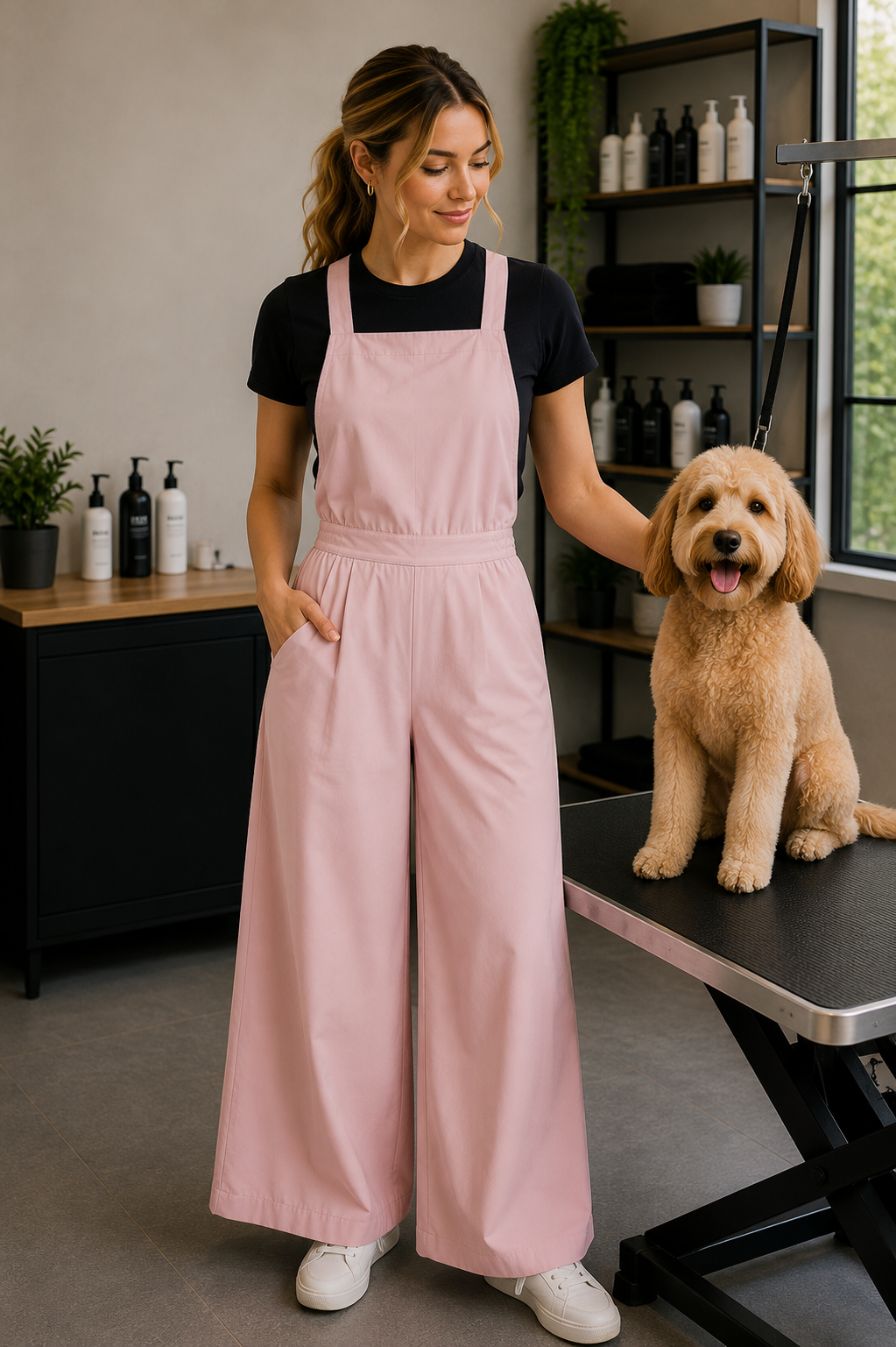 Professional pet groomer wearing SharpCzar Ember grooming jumpsuit in Light Pink