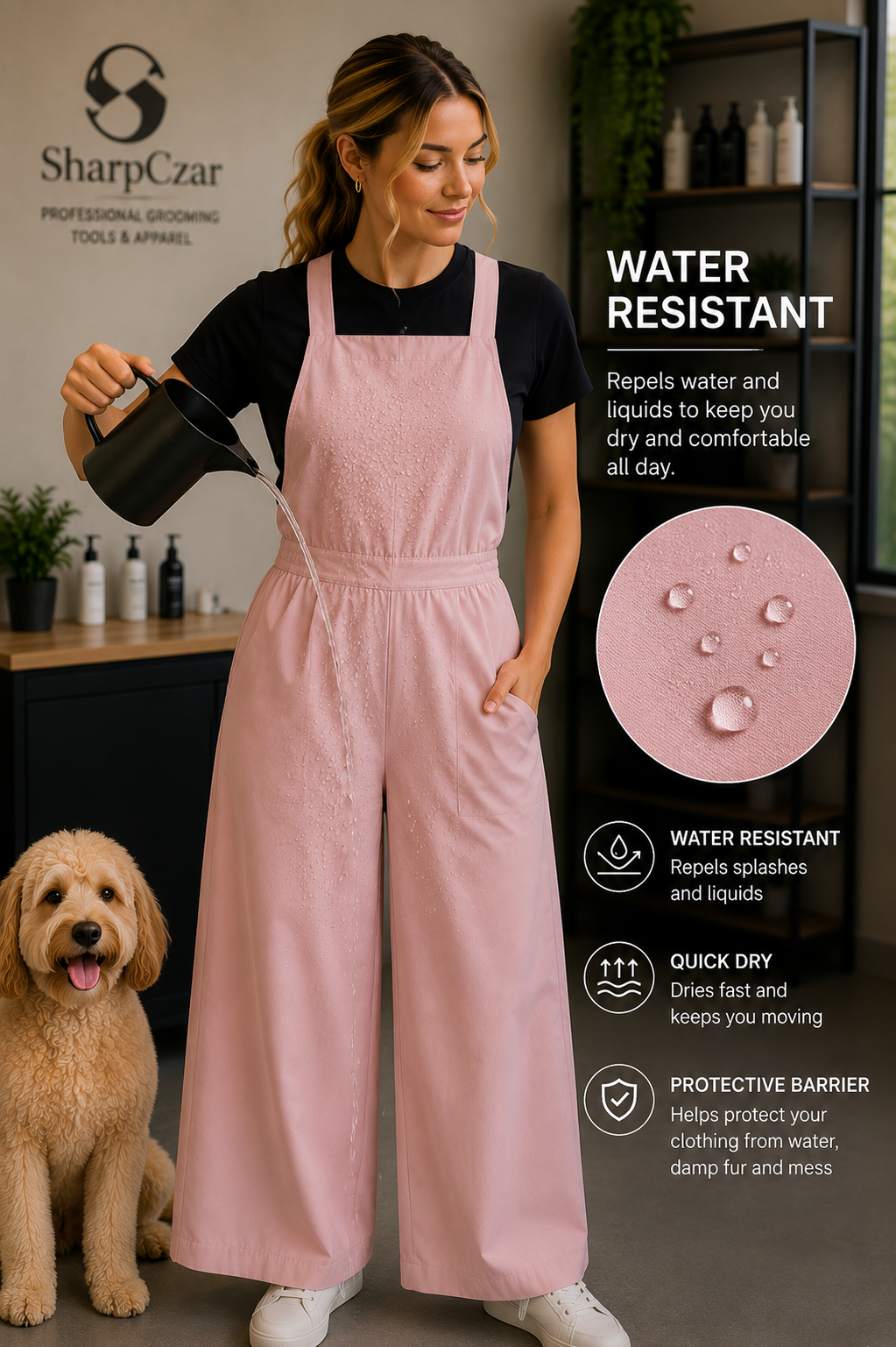 Water-resistant SharpCzar Ember grooming jumpsuit in Light Pink