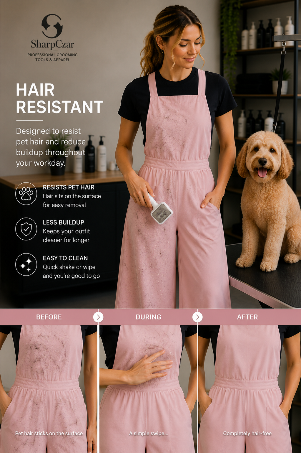 Hair-resistant SharpCzar Ember grooming jumpsuit in Light Pink