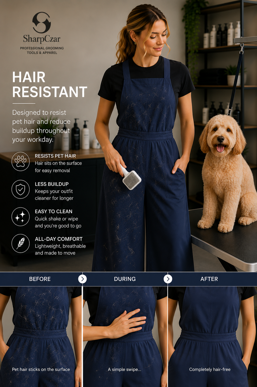 Hair-resistant SharpCzar Ember grooming jumpsuit in Deep Navy