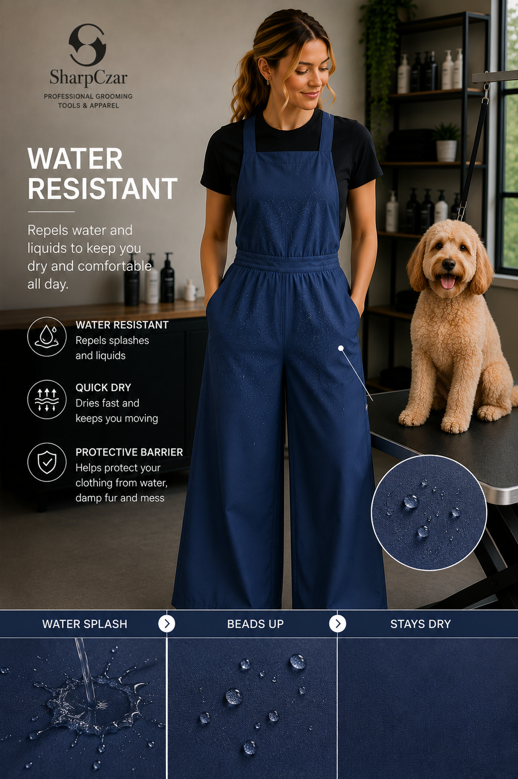 Water-resistant SharpCzar Ember grooming jumpsuit in Deep Navy