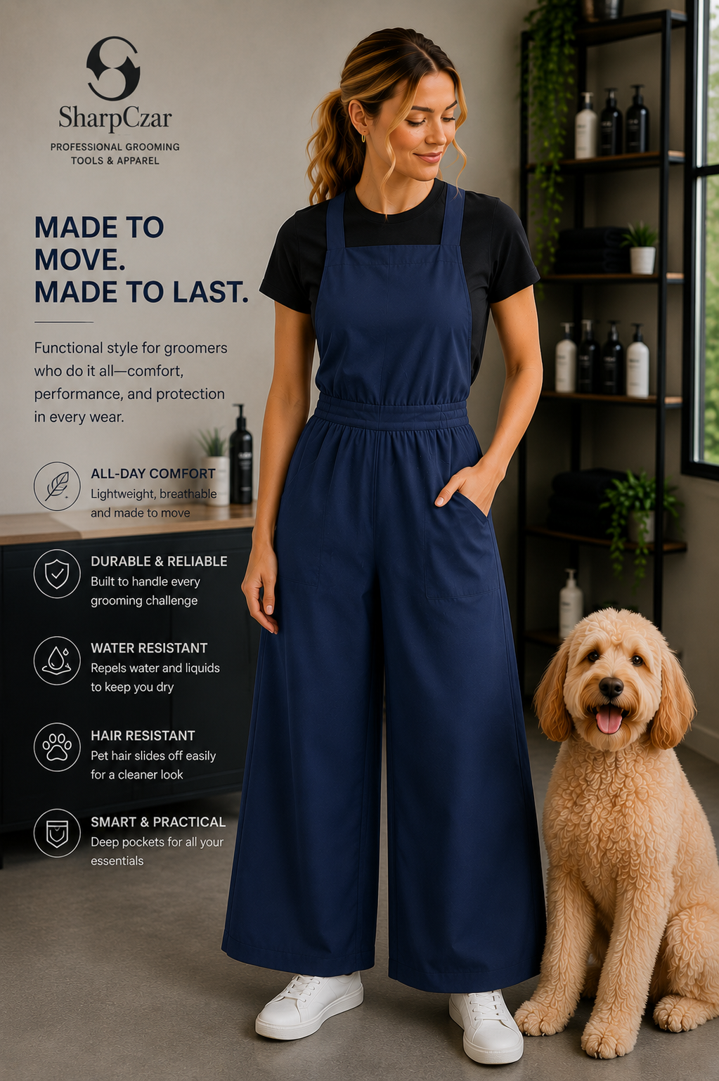 Professional pet groomer wearing SharpCzar Ember grooming jumpsuit in Deep Navy