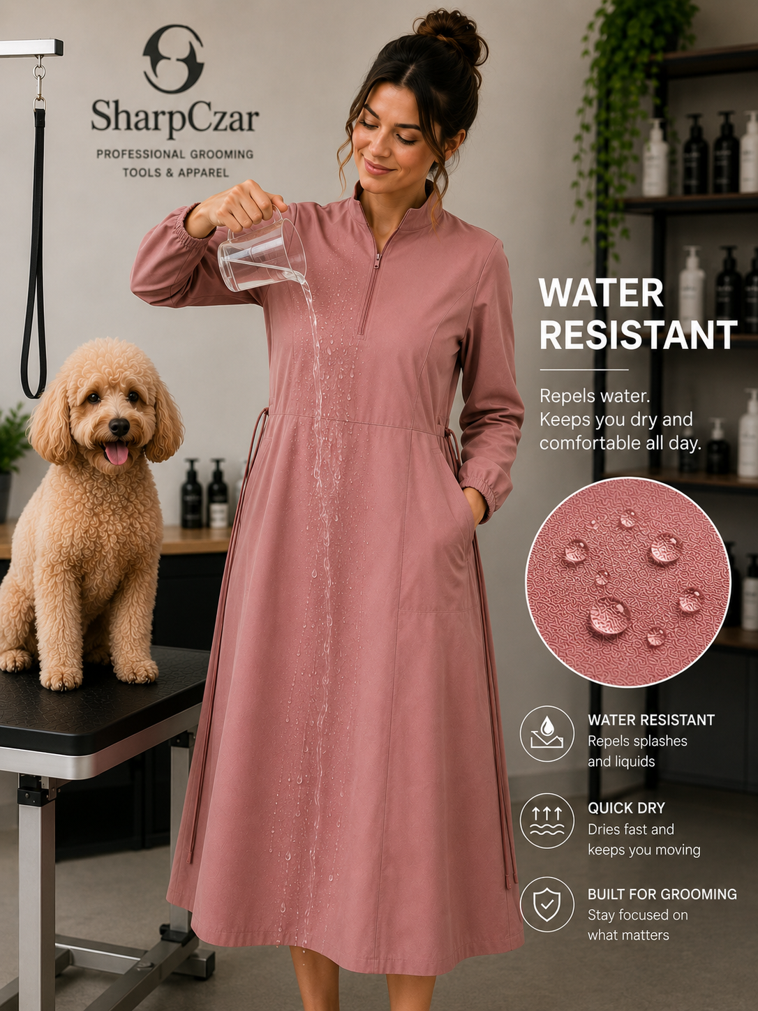 SharpCzar Poise waterproof grooming dress for professional groomers