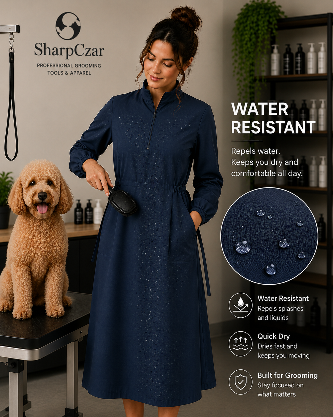 Waterproof professional grooming dress in Navy by SharpCzar
