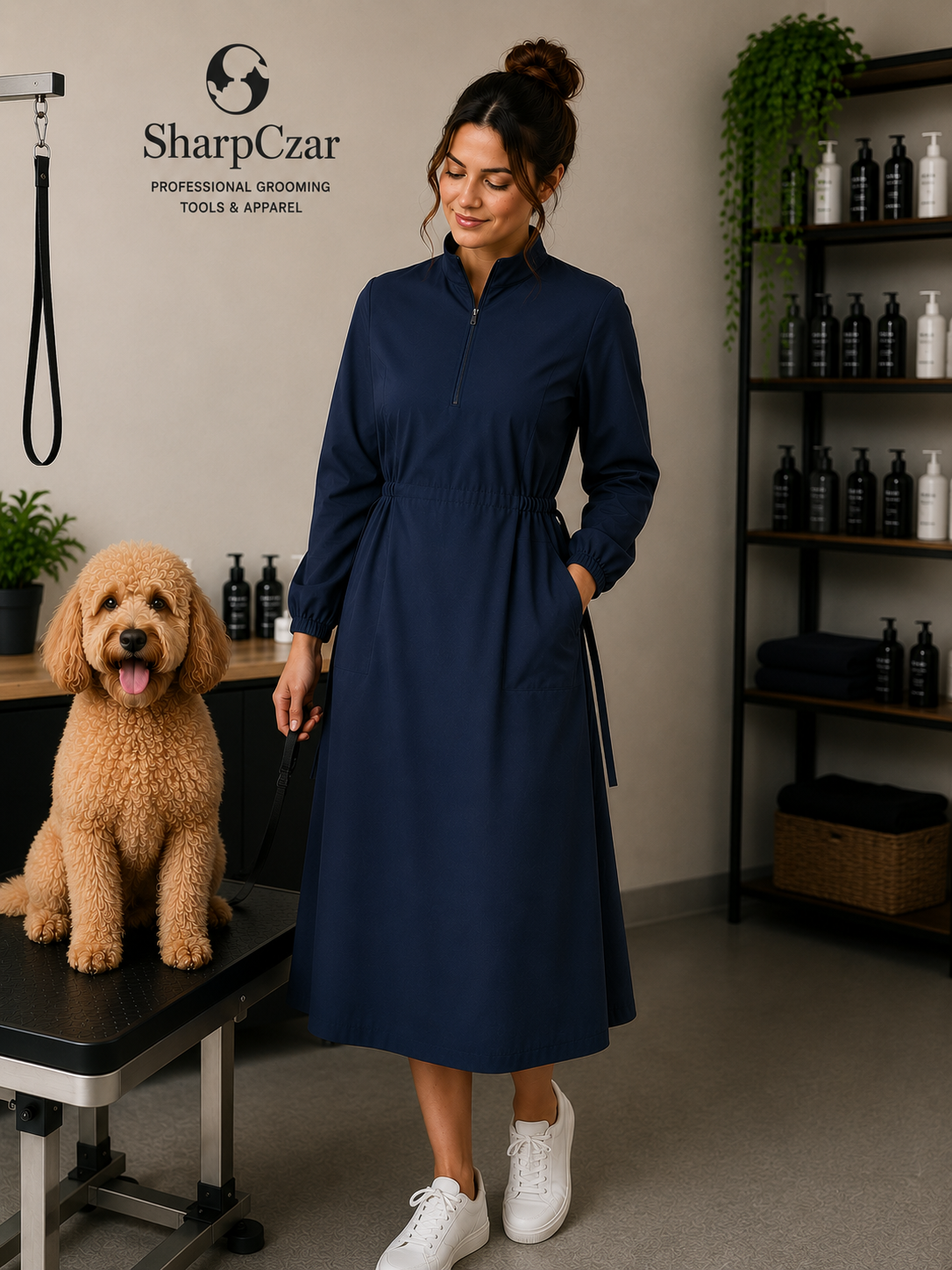 Professional pet groomer wearing SharpCzar Poise grooming dress in Navy