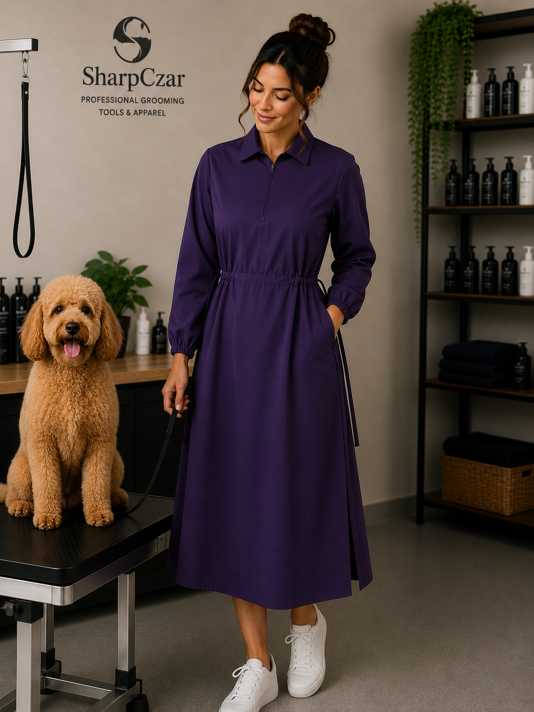 Professional pet groomer wearing SharpCzar Poise grooming dress in Purple