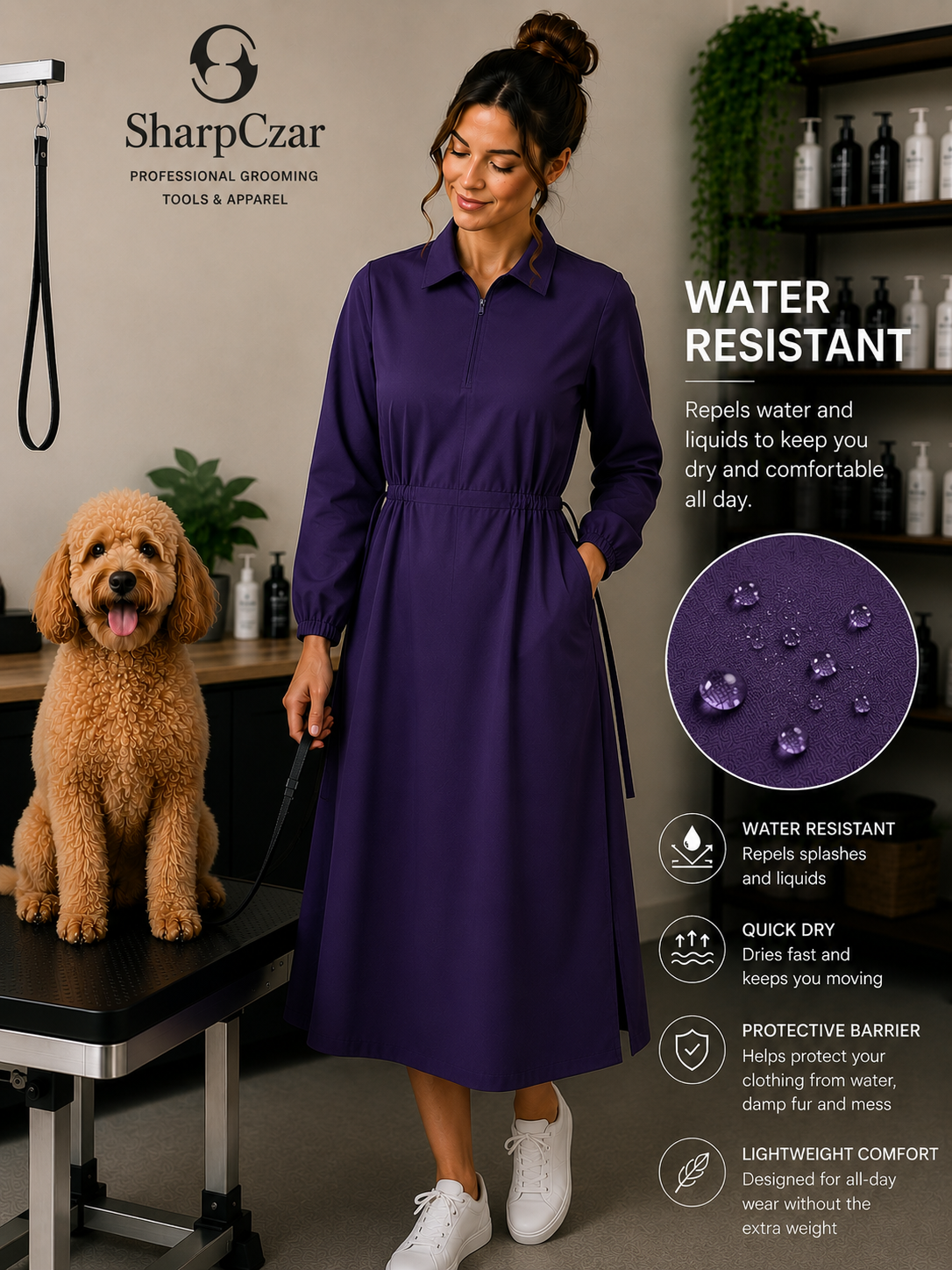 Waterproof professional grooming dress in Purple by SharpCzar