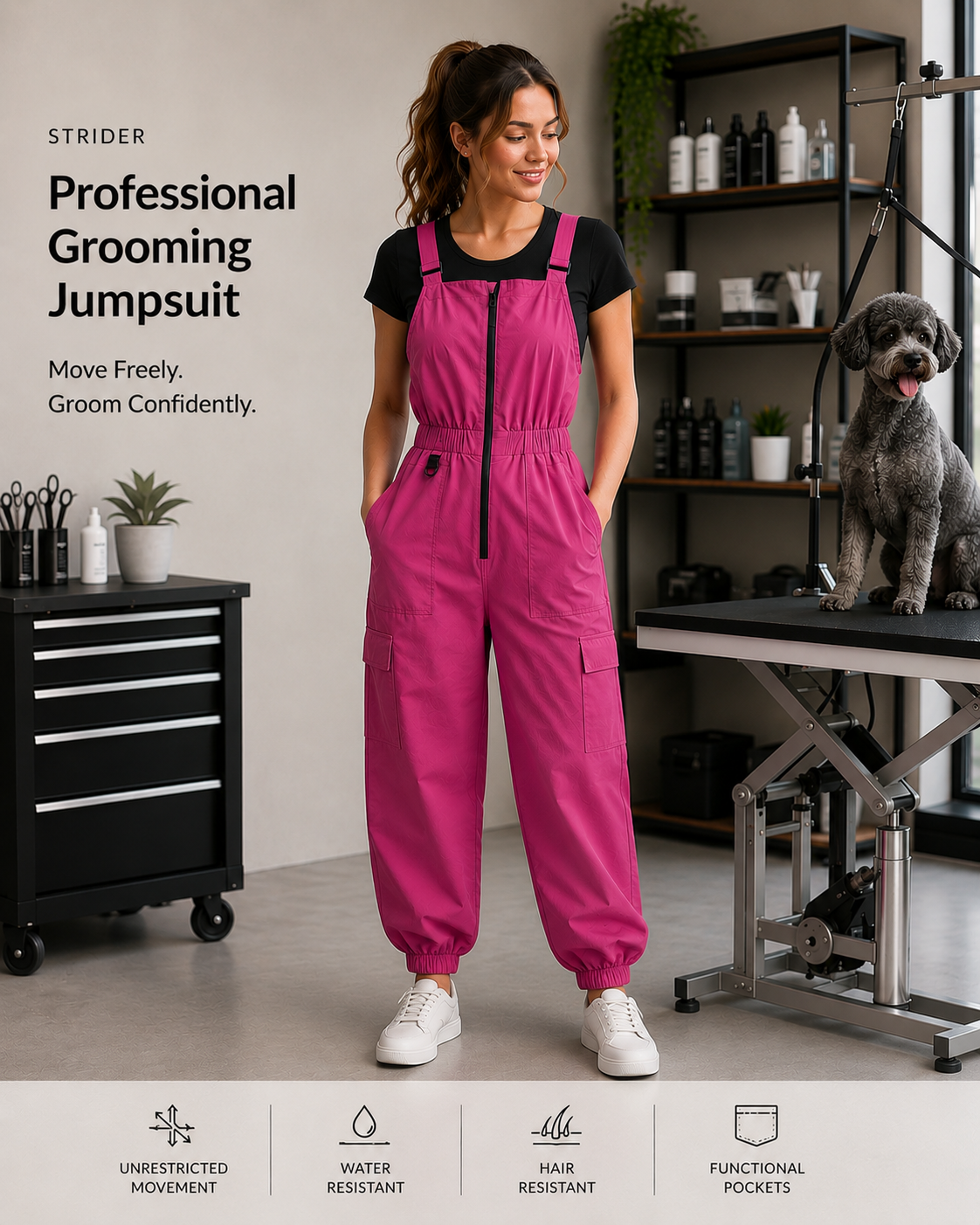 Professional pet groomer wearing SharpCzar Strider grooming jumpsuit in Fuchsia