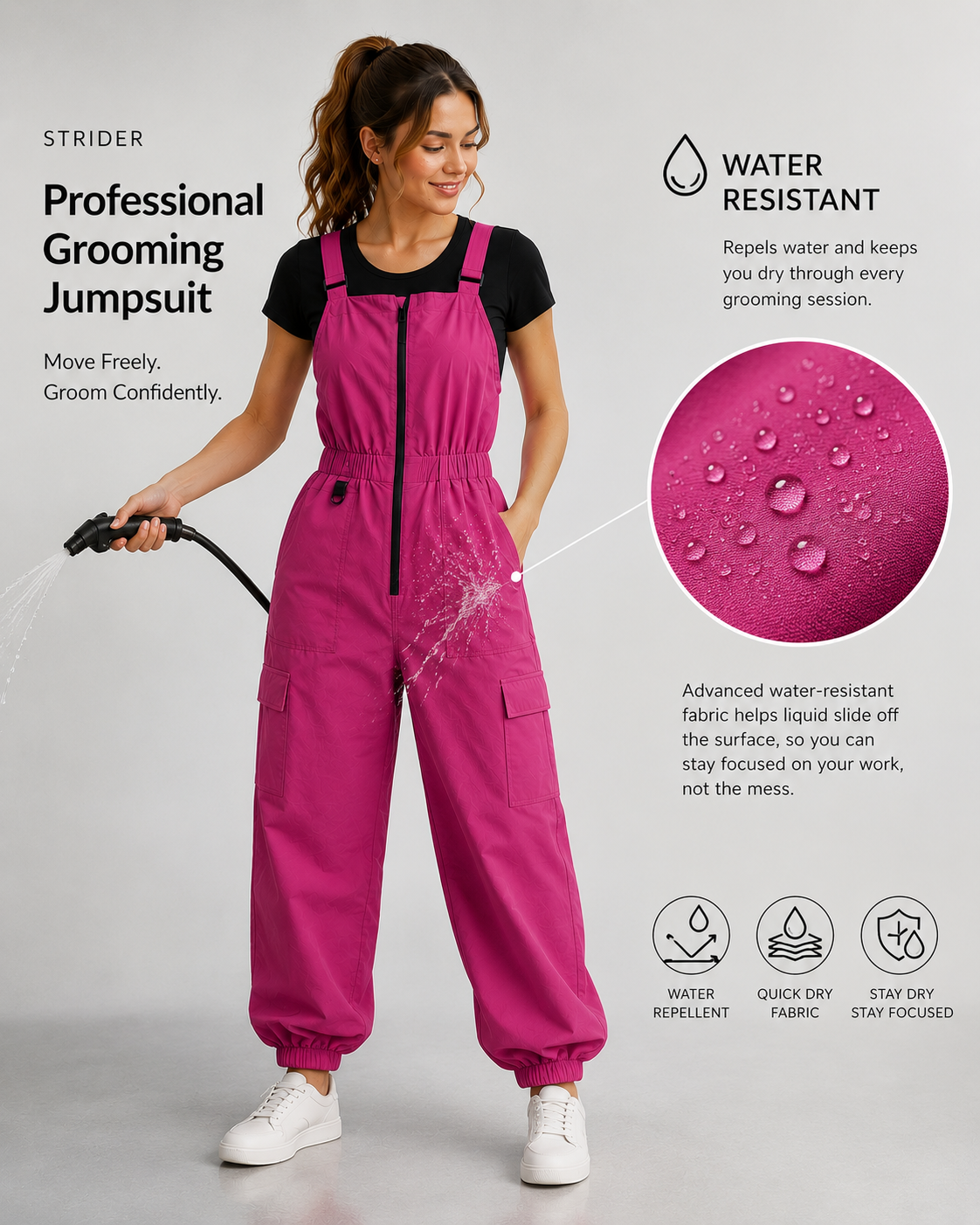 Water-resistant SharpCzar Strider grooming jumpsuit in Fuchsia