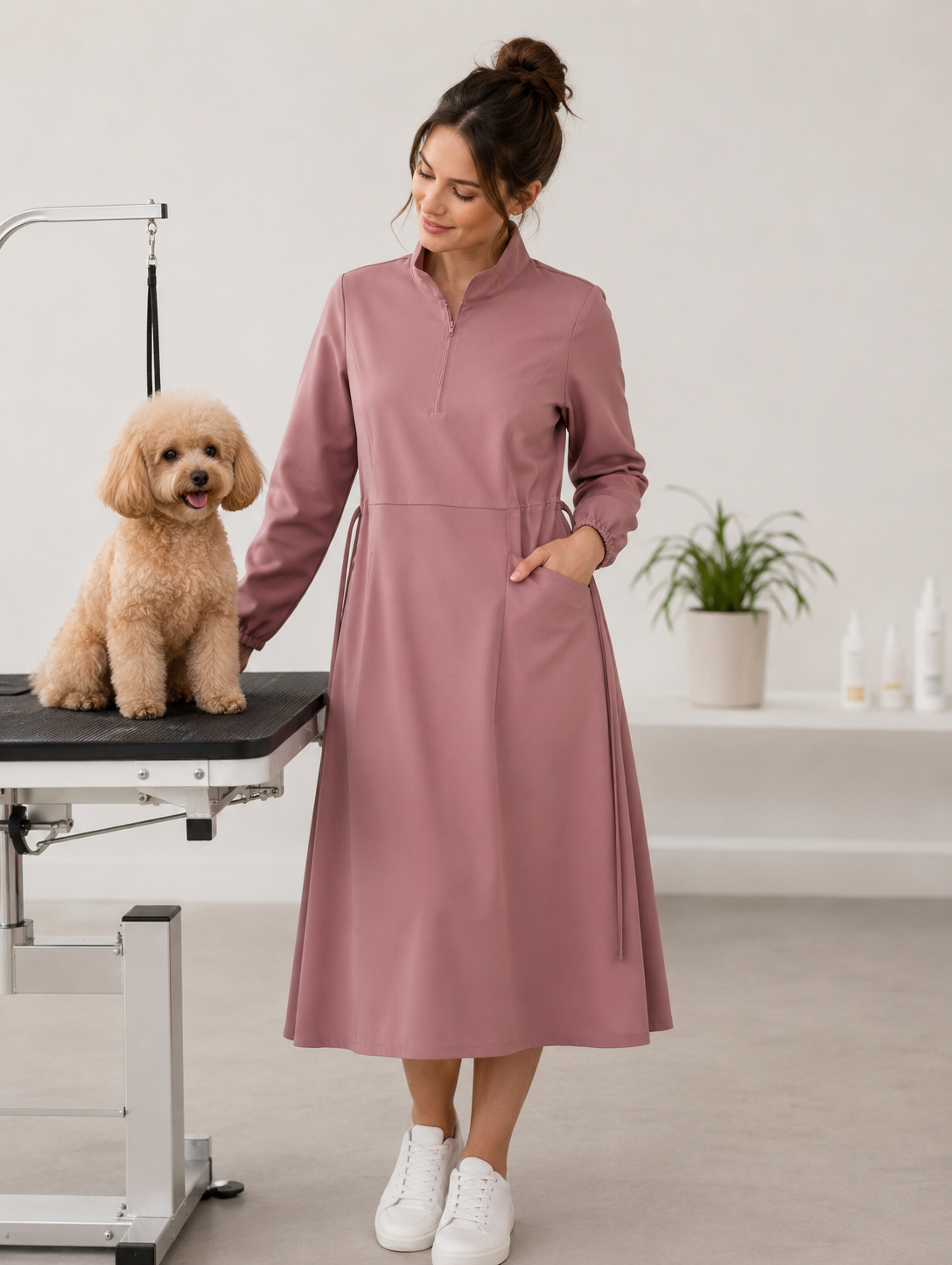 Professional pet groomer wearing SharpCzar Poise grooming dress