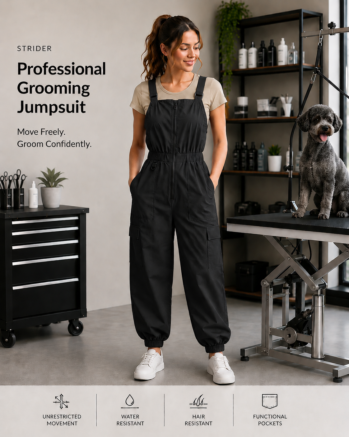 Professional pet groomer wearing SharpCzar Strider grooming jumpsuit in Black