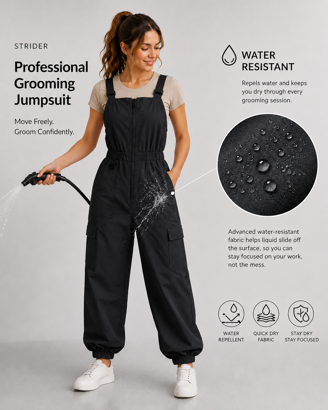 Water-resistant SharpCzar Strider grooming jumpsuit in Black