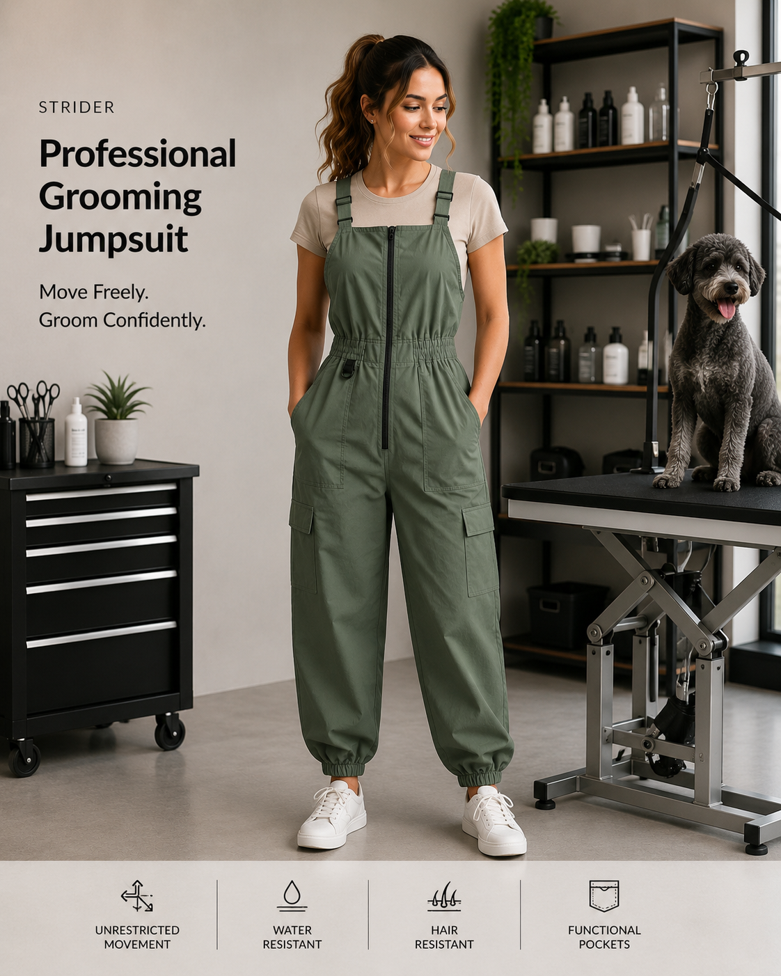 Professional pet groomer wearing SharpCzar Strider grooming jumpsuit in Sage Green