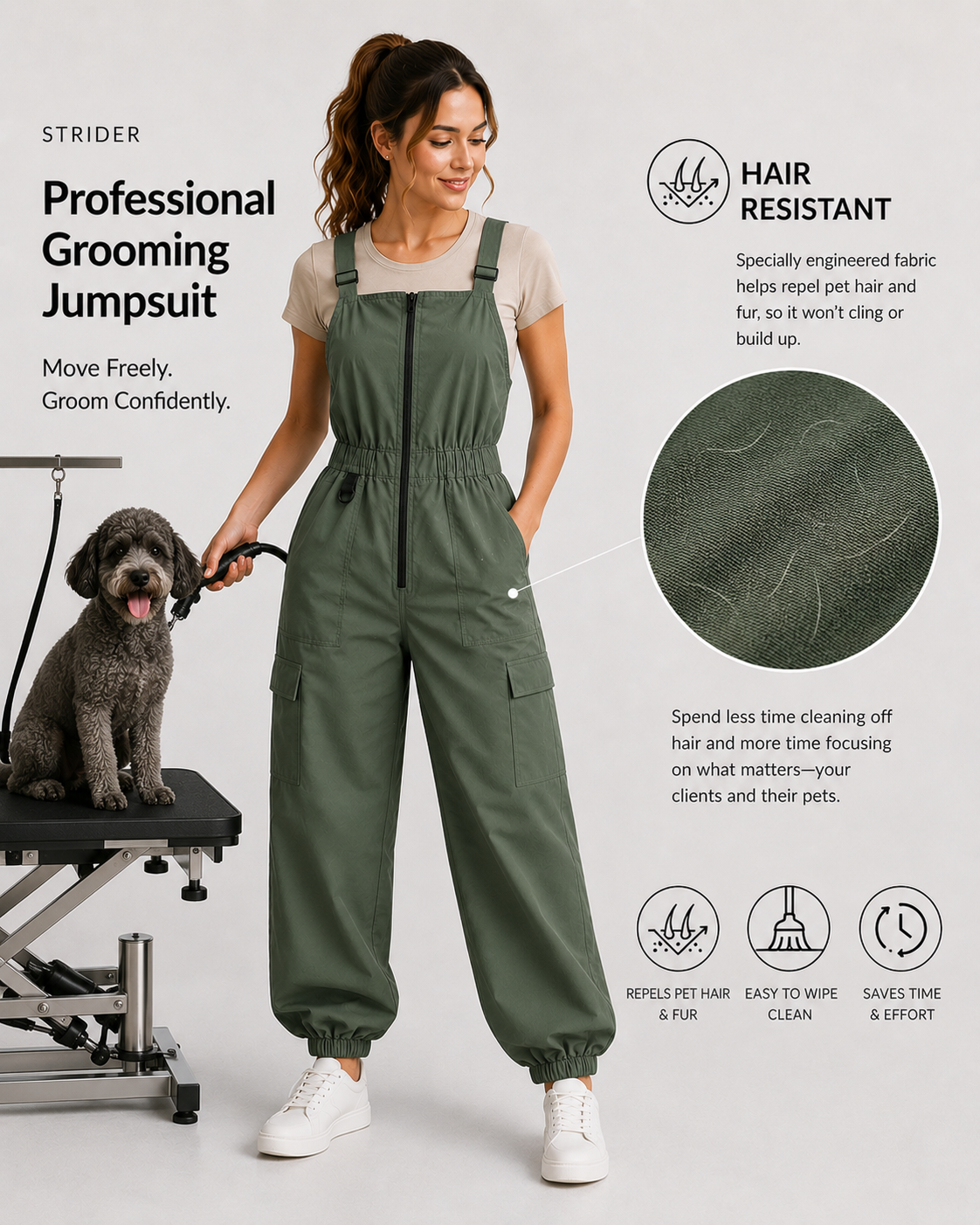 Water-resistant SharpCzar Strider grooming jumpsuit in Sage Green